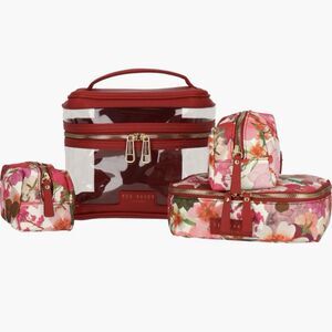 NWT Ted Baker London 4 Four Piece Travel Toiletry Cosmetic Case Set Red Floral
